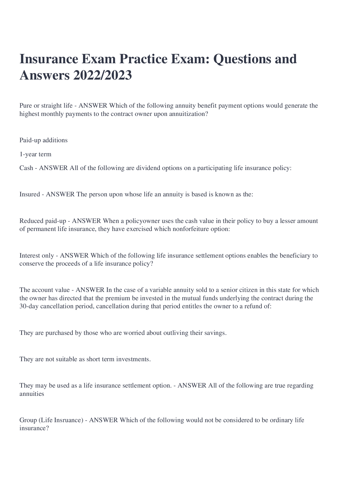 Preview image for Insurance Exam Practice Exam: Questions and Answers 2022/2023